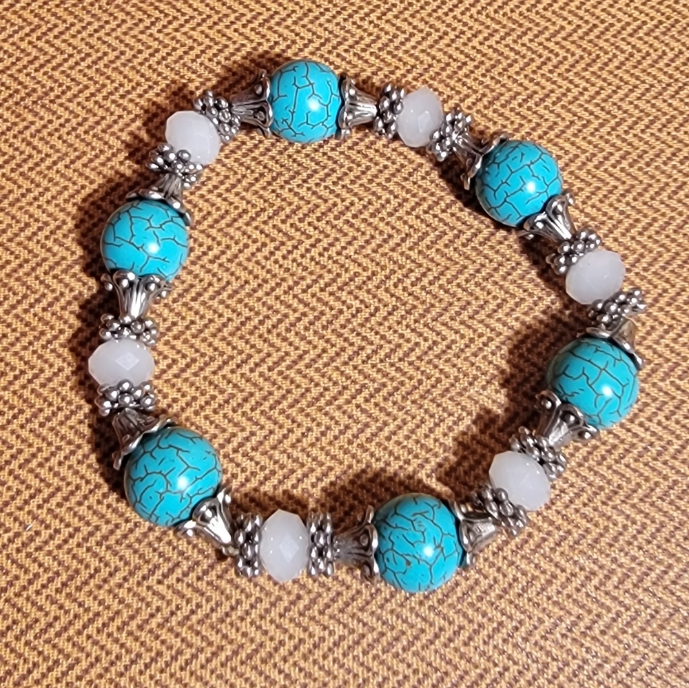 Simulated Turqouise Stone and Silvertone Metal Stretch Bracelet